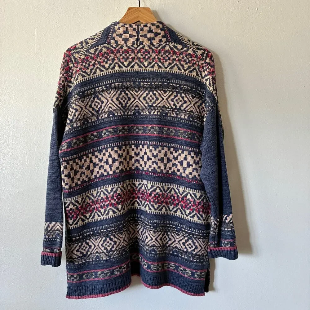 Chaps Womens Small Fair Isle Open Front Cardigan Sweater Blue Cotton Blend - Picture 9 of 11